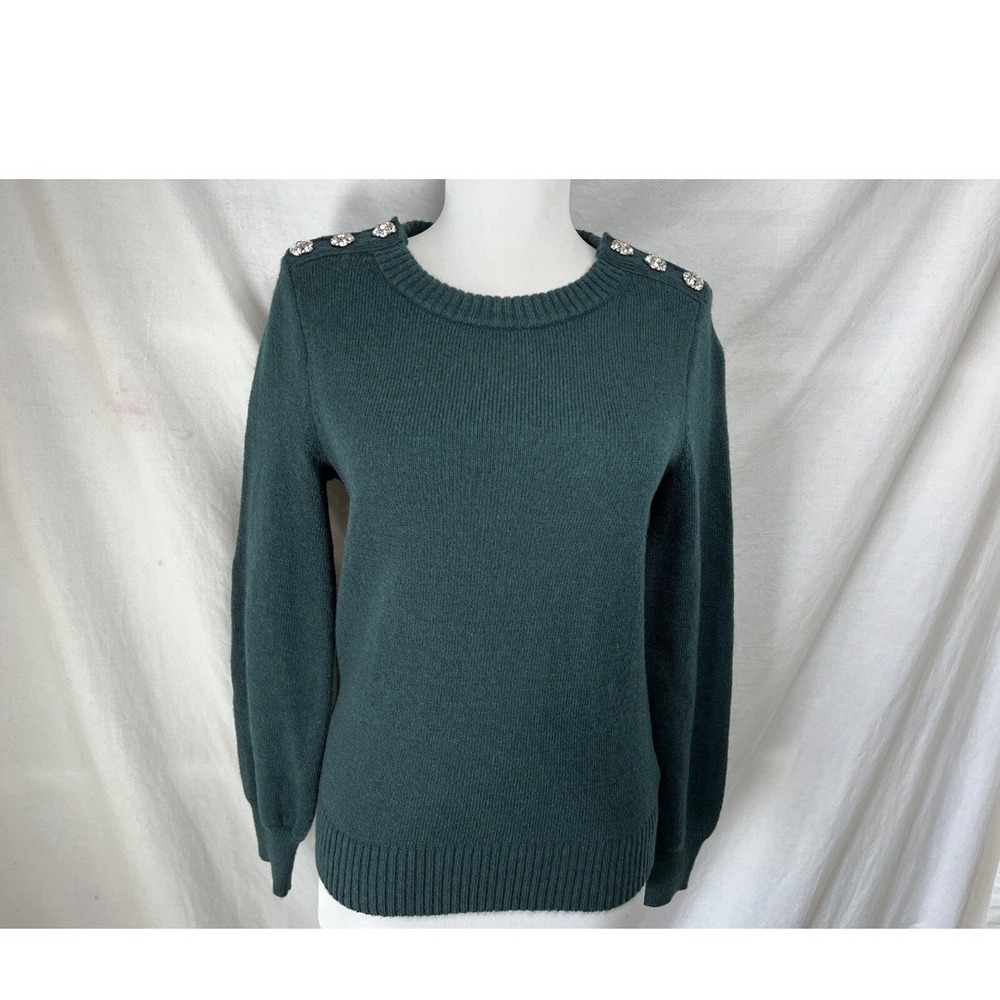 J Crew Crew Neck Sweater Sz XS Jeweled Buttons Lambswool Old Forest Green AE990